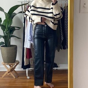 Leather pants with white contrast stitching